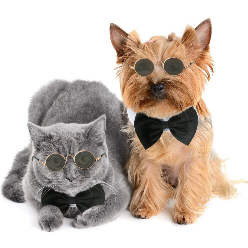 Syhood 2 Pieces Pets Dog Cat Bowtie Tie Sunglasses Pets Costume Adjustable Formal Necktie Collar for Cats Small Dogs Puppy Round Metal Classic Retro Sunglasses Grooming Accessories Cosplay Party(Black White) - Image 5